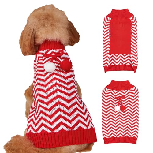 Jecikelon Weihnachtspullover für kleine Hunde, Winter-Strickwaren, Welpenkleidung, weich, warm, Haustier-Outfits, Hunde-/Katzenkleidung mit Bommel, Größe L, Rot gestreift von JECIKELON