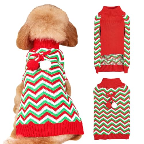 Jecikelon Weihnachtspullover für kleine Hunde, Winter-Strickwaren, Welpenkleidung, weich, warm, Haustier-Outfits, Hunde-/Katzenkleidung mit Bommel, Größe M, Grün gestreift von JECIKELON