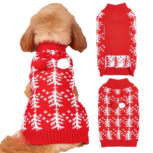 Jecikelon Weihnachtspullover für kleine Hunde, Winter-Strickwaren, Welpenkleidung, weich, warm, Haustier-Outfits, Hunde- und Katzenbekleidung mit Bommel, Größe L, Rot von JECIKELON