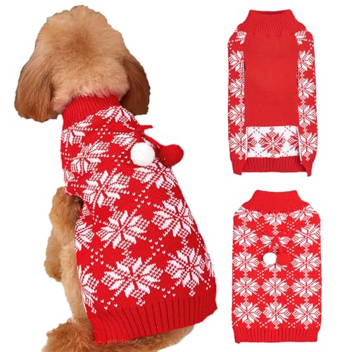 Jecikelon Weihnachtspullover für kleine Hunde, Winter-Strickwaren, Welpenkleidung, weicher, warmer Pullover, Haustier-Outfits, Hunde-/Katzenkleidung mit Bommel, Größe L, Schnee) von JECIKELON