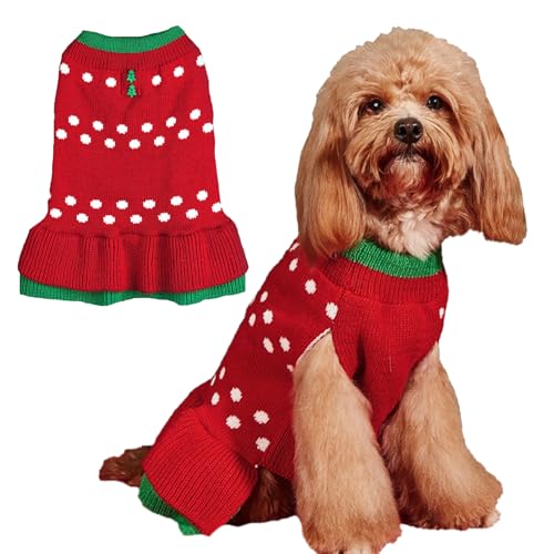 Jecikelon Weihnachtspullover für kleine Hunde, gestrickt, gepunktet, für den Winter, warme Haustier-Outfits, weiche Hunde-Katzen-Kleidung (Größe M, Punkte) von JECIKELON