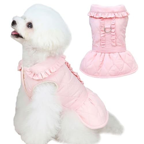 Jecikelon Winter-Hundemantel für kleine Hunde, warme Welpenjacke, dickes Fleecefutter, Haustierkleidung für kaltes Wetter, Kleidung mit D-Ring-Leine, Größe L, Rosa von JECIKELON