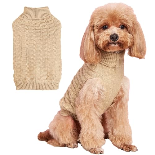 Jecikelon Winter-Rollkragenpullover für Hunde, gestrickt, für kleine Hunde und Katzen, gestrickt, warm, Haustierpullover, Outfits (Größe L, Khaki) von JECIKELON