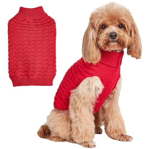 Jecikelon Winter-Rollkragenpullover für Hunde, gestrickt, für kleine Hunde und Katzen, gestrickt, warm, Haustierpullover, Outfits (Größe M, Rot) von JECIKELON