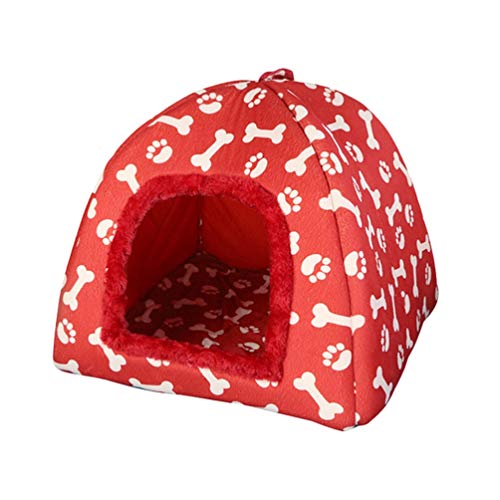 JEELINBORE Haustierhaus Weiche Haustier Schlafsack Hundehütte Katzenhöhle Hund Katze Haus mit Drucken (Rot, 27 * 27 * 33cm) von JEELINBORE