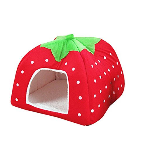 JEELINBORE Weiche Haustier Erdbeeren Schlafsack Hundehütte Katzenhöhle Hund Katze Haus Kuschelhöhle Körbchen (Rot, M: 31 * 31 * 33cm) von JEELINBORE