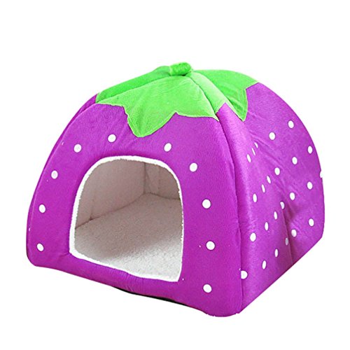 JEELINBORE Weiche Haustier Erdbeeren Schlafsack Hundehütte Katzenhöhle Hund Katze Haus Kuschelhöhle Körbchen (Violett, L: 36 * 36 * 38cm) von JEELINBORE