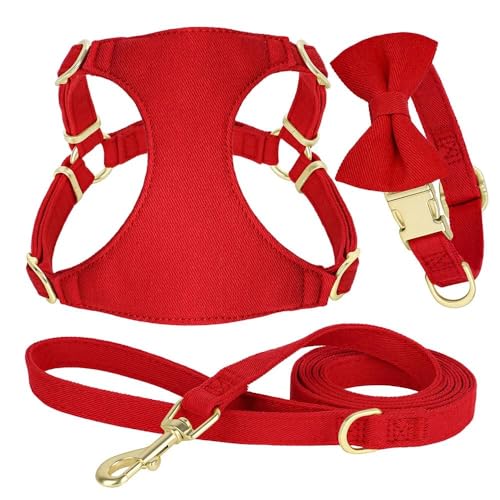 Einfarbiges Kleines Hundehalsband-Geschirr-Leinen-Set Mit Schleife, Süßes Hundegeschirr, Verstellbare Haustier-Trageweste, Geeignet Für Kleine Und Mittelgroße Hunde, Chihuahua, Mops, Red,2XS von JFERDX