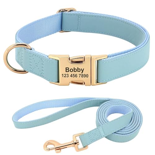 Hundehalsband aus Leder, mit Leine, personalisierbar, mit Gravur, verstellbares Haustierhalsband, Halskette, Labrador, Französische Bulldogge, Deutscher Schäferhund, Blau, L von JFERDX