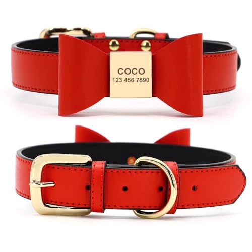 Hundehalsband aus weichem PU-Leder, mit Schleife, personalisierbar, Anti-Verlust-Halsband für Chihuahua, Französische Bulldogge, Mops, Labrador, Rot, Größe S von JFERDX