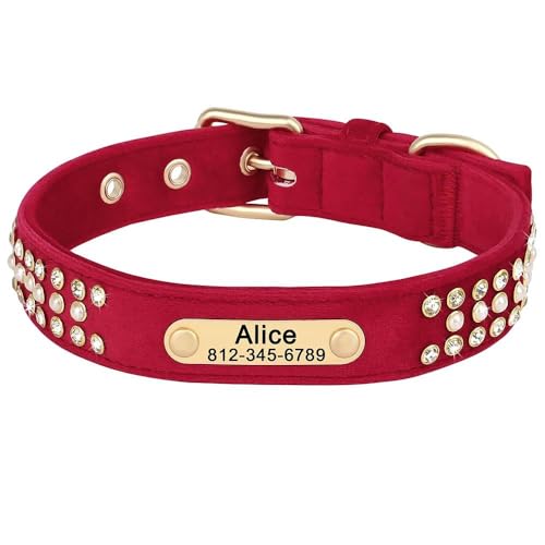 Hundehalsband mit Gravur, glitzernde Strasssteine, für Welpen, Katzen, weicher Samt, Haustierperle, Diamant-Halsband, verstellbare Hundehalsbänder für Mops, Französische Bulldogge, Rot, Größe M von JFERDX