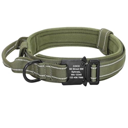 Personalisiertes, taktisches Militär-Hundehalsband, Nylon, reflektierend, für kleine, mittelgroße und große Hunde, verstellbar, mit Namensschild, Grün, Größe XL von JFERDX