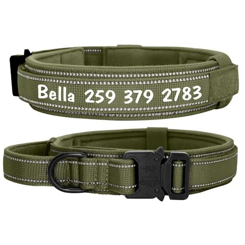 Personalisiertes, taktisches großes Militär-Hundehalsband, verstellbar, Nylon, reflektierend, Labrador, Deutscher Schäferhund, Französische Bulldogge, Anti-Verlust-Halsband, Grün, Größe L von JFERDX