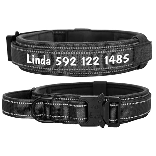 Personalisiertes, taktisches großes Militär-Hundehalsband, verstellbar, Nylon, reflektierend, Labrador, Deutscher Schäferhund, Französische Bulldogge, Anti-Verlust-Halsband, Schwarz, Größe M von JFERDX