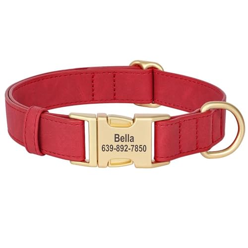 Personalisiertes Hundehalsband, Anti-Verlust-PU-Leder, individuelle Gravur, Metallschnalle, Haustierhalsband für Pitbull, Bulldogge, Labrador, Deutscher Schäferhund, Rot, Größe S von JFERDX