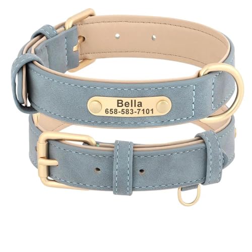 Personalisiertes Hundehalsband, weiches PU-Leder, gepolstert, für Hunde, Chihuahua, Mops, Französische Bulldogge, Deutscher Schäferhund, Blau, Größe L von JFERDX