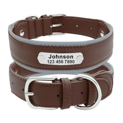 Reflektierendes Hundehalsband für den Außenbereich, Leder, personalisierbar, personalisierbar, für Pitbull, Deutscher Schäferhund, Labrador, Braun, Größe L von JFERDX