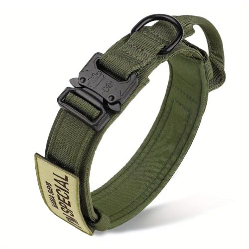 Strapazierfähiges, taktisches Militär-Hundehalsband mit Griff, Hundehalsband mit Aufnäher, für Outdoor-Hundetraining, Spazierengehen, Camping, Jagd, verstellbares Nylon-Hundehalsband, Grün, M von JFERDX