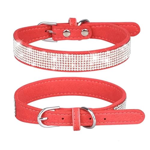 Verstellbares Hundehalsband aus weichem Leder, glänzende Kristalle, eingelegte Strasssteine, luxuriöses Hundehalsband, Chihuahua, Mops, Französische Bulldogge, Labrador, Rot, Größe L von JFERDX