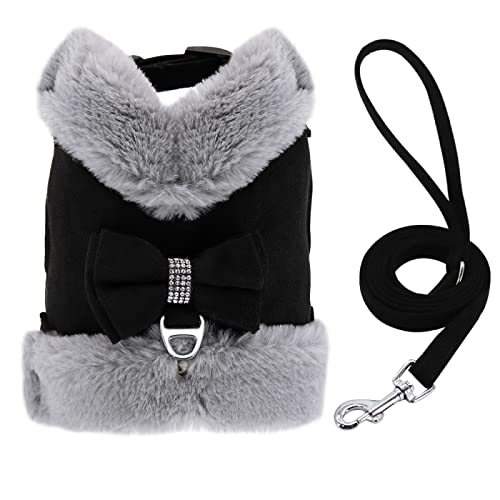 Winterwarmes Hundegeschirr Und Leine-Set, Warmes Pelz-Hundekatzengeschirr, Weste Und Leine-Set, Verstellbares Chihuahua-Mops-Geschirr Und Leine-Set,Schwarz,XS von JFERDX