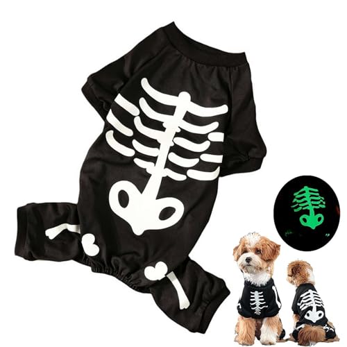 JHIALG Hunde-Halloween-Kostüm für kleine Hunde, Halloween-Skelett, leuchtendes Totenkopf-T-Shirt, Haustier-Overall, Totenkopf-Welpen, Pyjama, niedlicher Geister-Hundeknochen-Druck von JHIALG