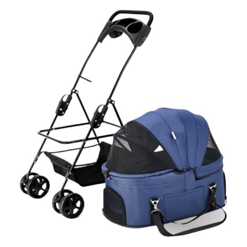 Hundewagen Haustier-Kinderwagen, Kleiner Hunde- und Katzen-Kinderwagen, Abnehmbarer Riemen, Vierrad-Haustier-Kinderwagen, Outdoor-Haustier-Kinderwagen Pet Stroller(Blue,L) von JHMYOB