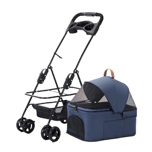 Hundewagen Haustier-Kinderwagen, Kleiner Hunde- und Katzen-Kinderwagen, Abnehmbarer Riemen, Vierrad-Haustier-Kinderwagen, Outdoor-Haustier-Kinderwagen Pet Stroller(Blue,S) von JHMYOB