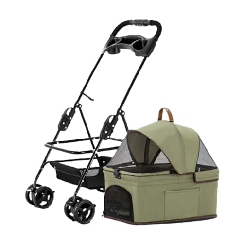 Hundewagen Haustier-Kinderwagen, Kleiner Hunde- und Katzen-Kinderwagen, Abnehmbarer Riemen, Vierrad-Haustier-Kinderwagen, Outdoor-Haustier-Kinderwagen Pet Stroller(Green,S) von JHMYOB