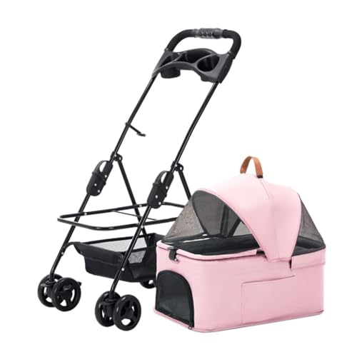 Hundewagen Haustier-Kinderwagen, Kleiner Hunde- und Katzen-Kinderwagen, Abnehmbarer Riemen, Vierrad-Haustier-Kinderwagen, Outdoor-Haustier-Kinderwagen Pet Stroller(Pink,S) von JHMYOB