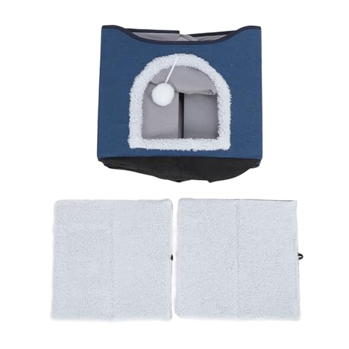 JHS-TECH Katzenhaus, Faltbare 2-lagige Katzenbetthöhle mit flauschigem Ball zum Aufhängen und Kratzunterlage, weiches, multifunktionales, zusammenklappbares Katzenversteck für mehrere (Navy Blue) von JHS-TECH