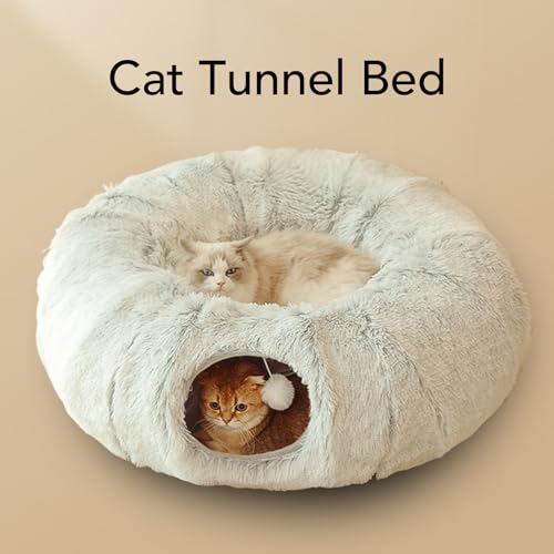 Katzen -Tunnelbett für Innenkatzen, Abnehmbarer niedliches Plüsch -Katzen -Donut -Tunnel mit zentraler Matte & Spielzeug Klappkatze Play Tube Tunnel für Kätzchen Katze Welpe von JHS-TECH