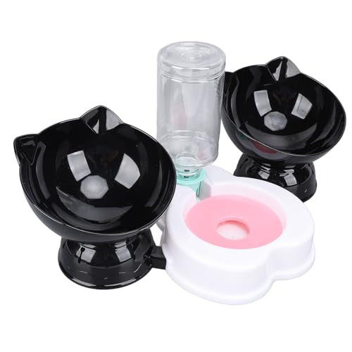 Katzenfutter und Wasserschüssel Set, 15 ° geneigte 3-in-1-Katzenschalen mit automatischer Wasserspender Plastikkatze Futter und Wasserspender Set für kleine Hunde Katzen Kaninchen (Style Two) von JHS-TECH