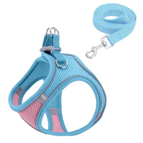 Reflektierendes Hundegeschirr und Leine Set, Atmungsaktives Mesh-Material, Verstellbar mit Sicherheitsschnalle, für Kleine Hunde und Katzen, 150cm Leine (Blue pink, L) von JHzood