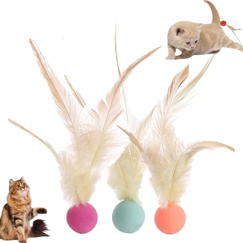 JIABAOZ Cat Buncing Ball, Interaktives Federballspielzeug für Katzen, Katzenspielzeug mit Federbällen, Hüpfball mit Federn für Katzen, Weiches Hüpfbälle mit Feder für Katzen (3B) von JIABAOZ