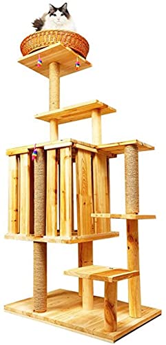 JIAChaoYi Katzenklettergerüst, Katzenstreu aus Massivholz, 6-lagige Sprungplattform, natürliche Sisalsäule, Rattan-Katzenbett, 145x40x60cm von JIAChaoYi