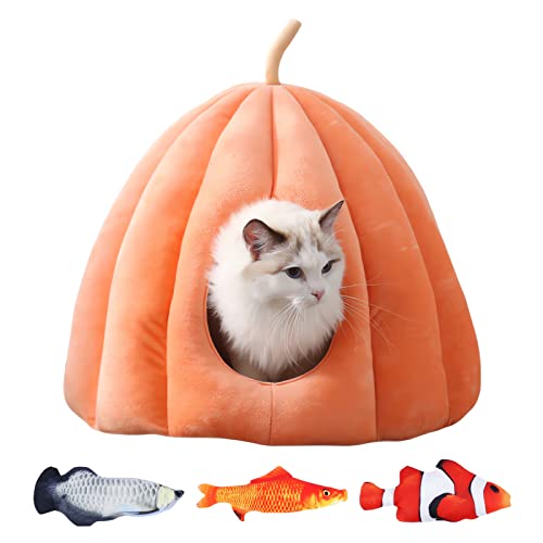 Katzenbett Niedliches Kürbis-Stil Katzenhaus Katzenhöhle Katzenbetten für Innenbereich Katzen Hundebett Hütte (M, Orange) von JIALOE