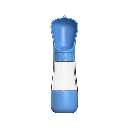 JIANJU Hunde-Wasserflaschen zum Spazierengehen, 320 + 170 ml, Reiseflasche mit Futterbehälter, Hundewasserflasche, auslaufsicher, Wasserspender für Hunde, Lebensmittelqualität (blau) von JIANJU