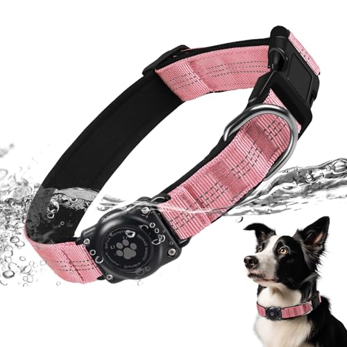 AirTag Hundehalsband, IP68 wasserdichte Integriertes Apple Air Tag Halter Hundehalsband mit AirTag Halter, Reflektierend, Besonders haltbar, Hundehalsbänder für mittlere große Hunde [Rosa,M] von JIARUI