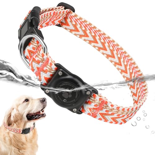 AirTag Hundehalsband,IP68 Wasserdichtes Hundehalsband Air Tag Halter - Bequemes, Weiches Gurtband-GPS Hundehalsband-Hundehalsband mit Airtag Halter-Passend für Kleine Mittlere Große Hunde(L, Orange) von JIARUI