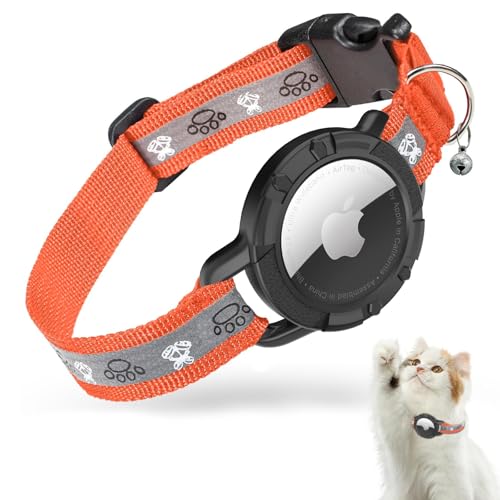 AirTag Katzenhalsband, Reflektierend Air Tag Katzenhalsband, GPS Katzenhalsband mit Verstellbares und Glocke, Integriertes Apple Air Tag Katzen Halsband, Geeignet Für Katzen Welpen[Orange][S] von JIARUI