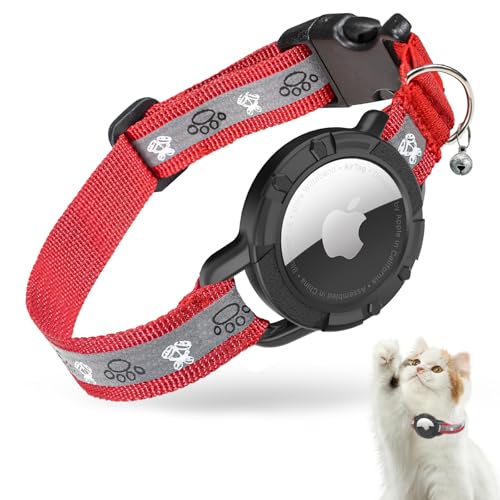 AirTag Katzenhalsband, Reflektierend Air Tag Katzenhalsband, GPS Katzenhalsband mit Verstellbares und Glocke, Integriertes Apple Air Tag Katzen Halsband, Geeignet Für Katzen Welpen[Rot][S] von JIARUI