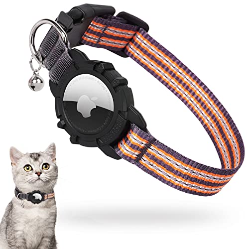 AirTag Katzenhalsband, Integriertes Apple Air Tag Katzenhalsband, Reflektierendes GPS Katzenhalsband mit AirTag Halter und Glocke [Orange], Leichte Tracker Katzenhalsbänder für Mädchen Jungen Katzen von JIARUI