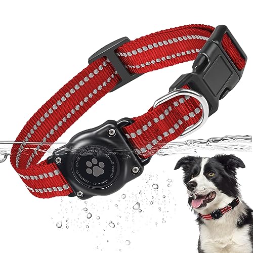 Airtag Hundehalsband, zu 100% wasserdichte Integrierte Apple AirTag Hundehalsbänder, Reflektierendes GPS Hundehalsband mit Hartem PC AirTag Halterungsgehäuse für Kleine, Mittlere & Große Hunde (Rot) von JIARUI