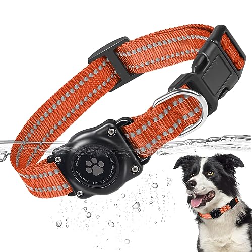 Airtag Hundehalsband,zu 100% wasserdichte Integrierte Apple AirTag Hundehalsbänder,Reflektierendes GPS Hundehalsband mit Hartem PC AirTag Halterungsgehäuse für Kleine,Mittlere & Große Hunde(Orange) von JIARUI