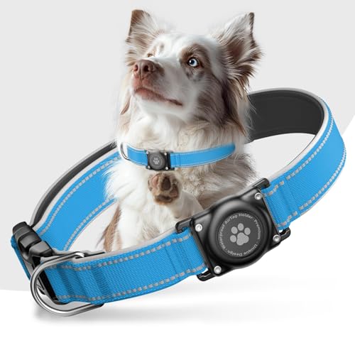 Airtag Hundehalsband - 100% Wasserdicht Air Tag Hundehalsband Halter für Apple AirTag, Reflektierend, Weich Gepolstert, Langlebig, GPS Hundehalsband für Mittel Große Hunde (Blau, L) von JIARUI