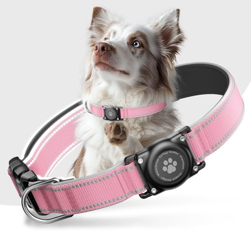 Airtag Hundehalsband - 100% Wasserdicht Air Tag Hundehalsband Halter für Apple AirTag, Reflektierend, Weich Gepolstert, Langlebig, GPS Hundehalsband für Mittel Große Hunde (Rosa, L) von JIARUI