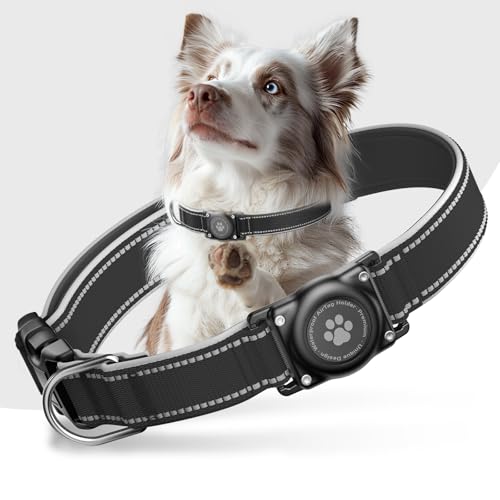 Airtag Hundehalsband - 100% Wasserdicht Air Tag Hundehalsband Halter für Apple AirTag, Reflektierend, Weich Gepolstert, Langlebig, GPS Hundehalsband für Mittel Große Hunde (Schwarz, L) von JIARUI