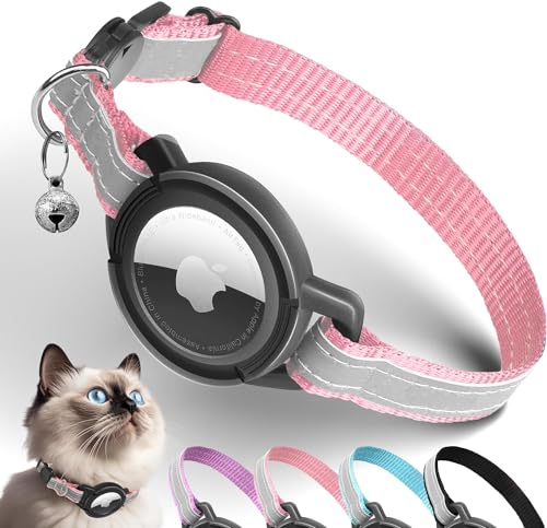 Airtag Katzenhalsband, Reflektierend GPS Katzenhalsbänder mit Apple Airtag Halter, Air Tag Katzen Sicherheit-Halsband, Verstellbar Leichte Tracker-halsbänder für Katzen, Kätzchen, Klein Hund (Rosa) von JIARUI