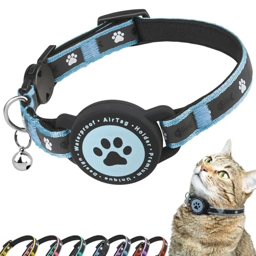 Airtag Katzenhalsband Breakaway, Reflektierendes Kätzchenhalsband mit Airtag-Halterung und Glocke, Bequeme Polsterung, Verstellbar, Langlebig, Passend für Katzen(Blau) von JIARUI