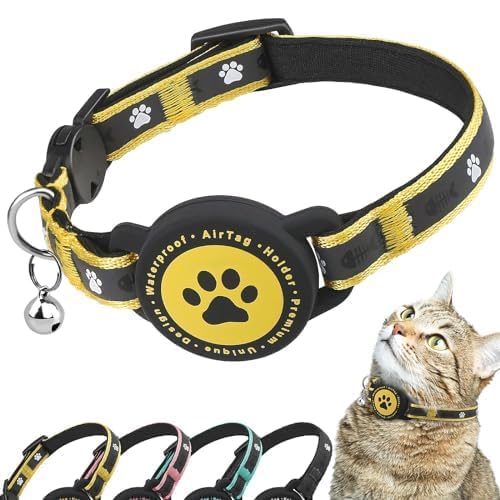 Airtag Katzenhalsband Breakaway, Reflektierendes Kätzchenhalsband mit Airtag-Halterung und Glocke, Bequeme Polsterung, Verstellbar, Langlebig, Passend für Katzen(Gelb) von JIARUI